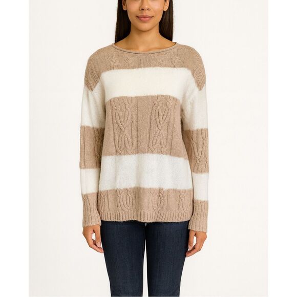 NEW Minnie Rose Cashmere Mohair Striped Cable Knit Boat Neck Sweater XS - Picture 1 of 9
